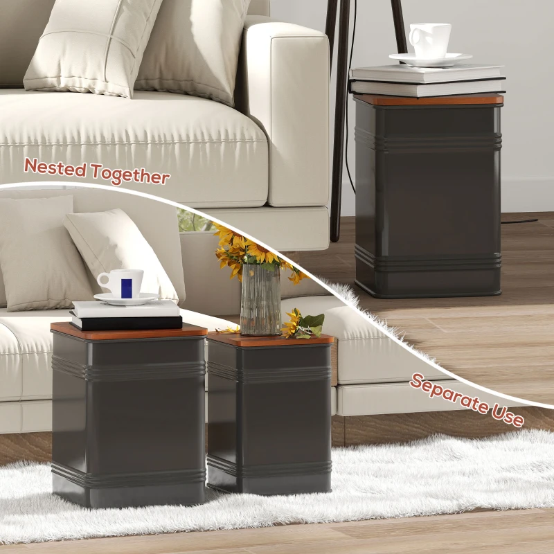 HOMCOM Ottoman with Storage Set of 2, Industrial Nesting Ottoman Stool with Removable Lid, Metal Frame for Living Room, Black