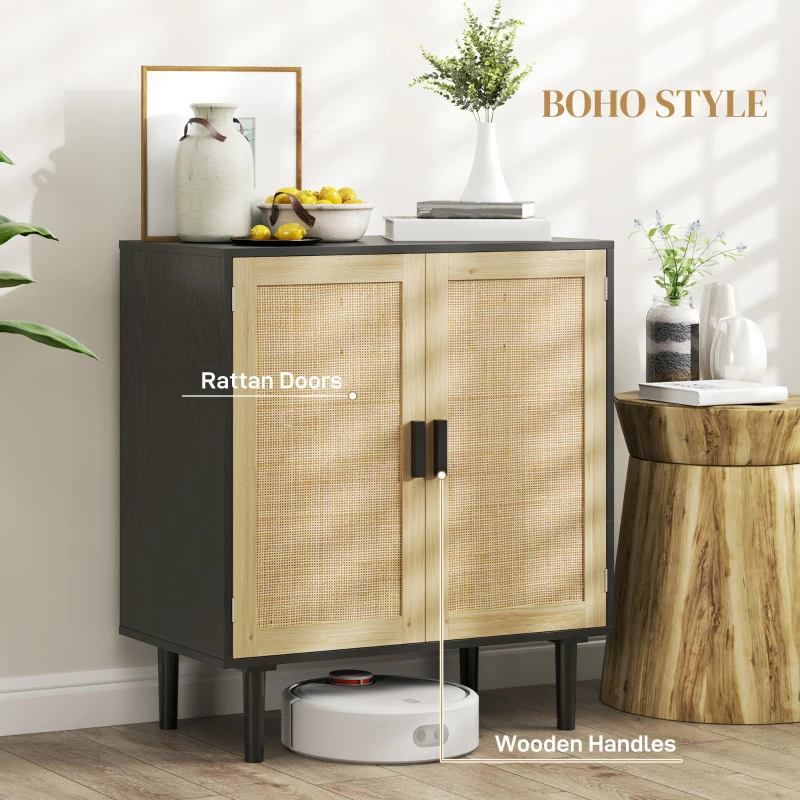 HOMCOM Bohemian Sideboard, 31.5" Buffet Cabinet with 2 Rattan Doors and Shelves for Living Room, Hallway, Black