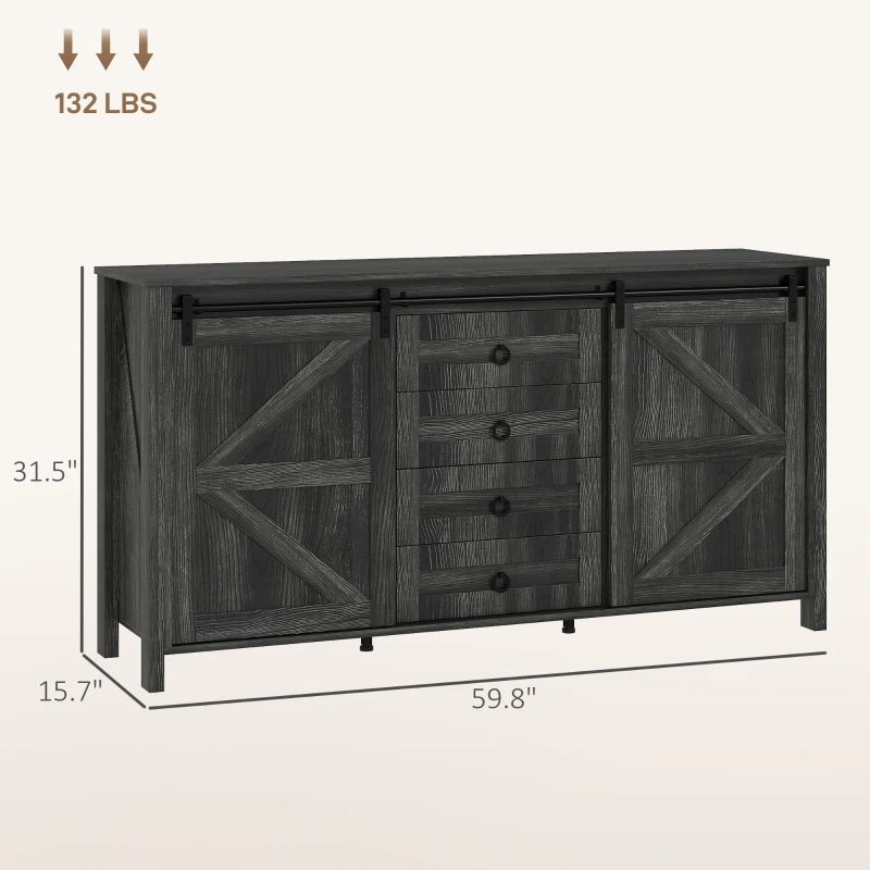 HOMCOM 60" Buffet Cabinet, Farmhouse Sideboard with Sliding Barn Doors, Drawers and Adjustable Shelves, Distressed Dark Gray