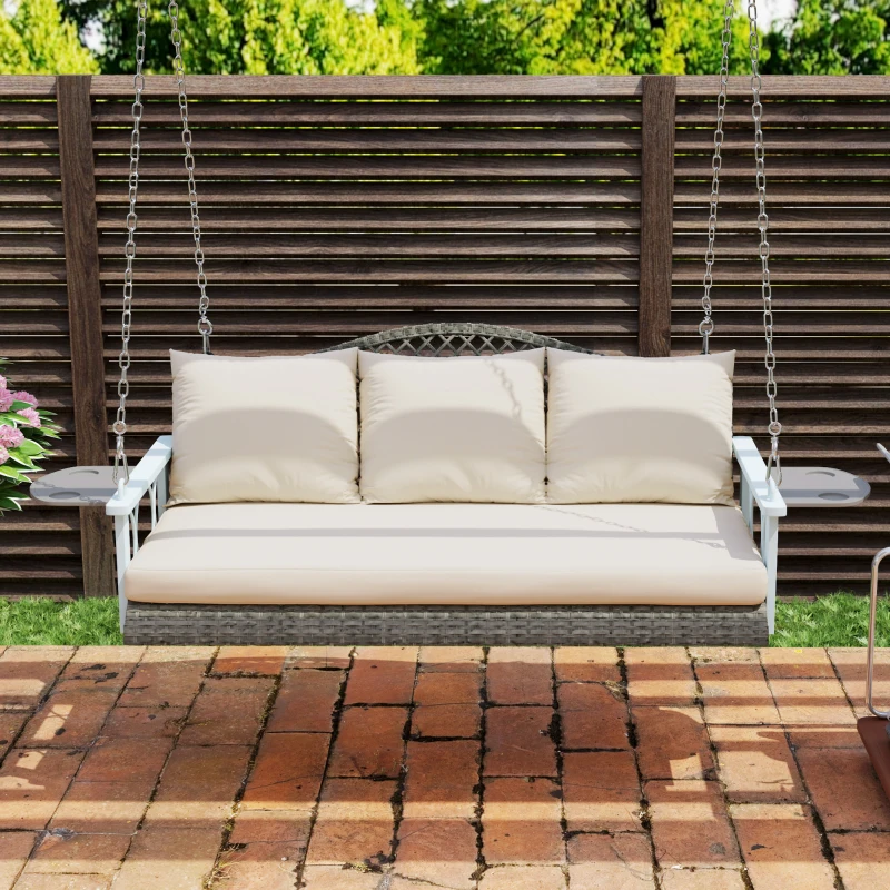 Outsunny 3 Person Wicker Hanging Outdoor Patio Porch Swing Bench with Cup Holders, Cushions, and Chains, Natural