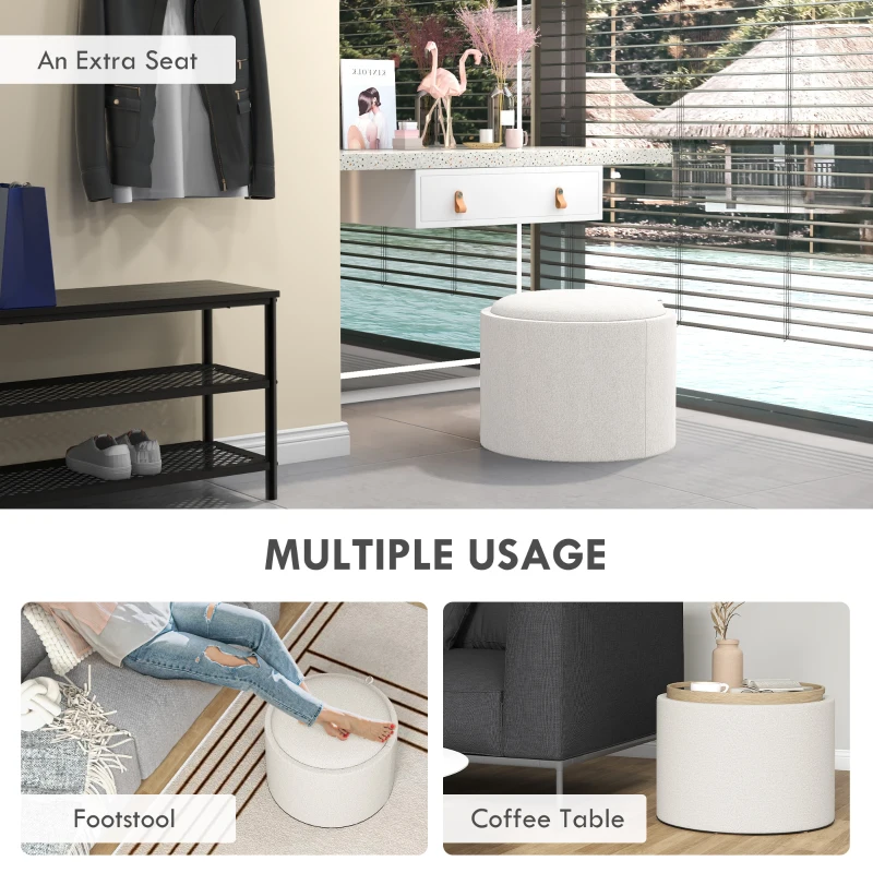 HOMCOM Round Storage Ottoman Coffee Table with Flip Top Tray, Linen Fabric Upholstered Footstool with Hidden Compartment