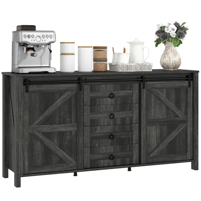 HOMCOM 60" Buffet Cabinet, Farmhouse Sideboard with Sliding Barn Doors, Drawers and Adjustable Shelves, Distressed Dark Gray