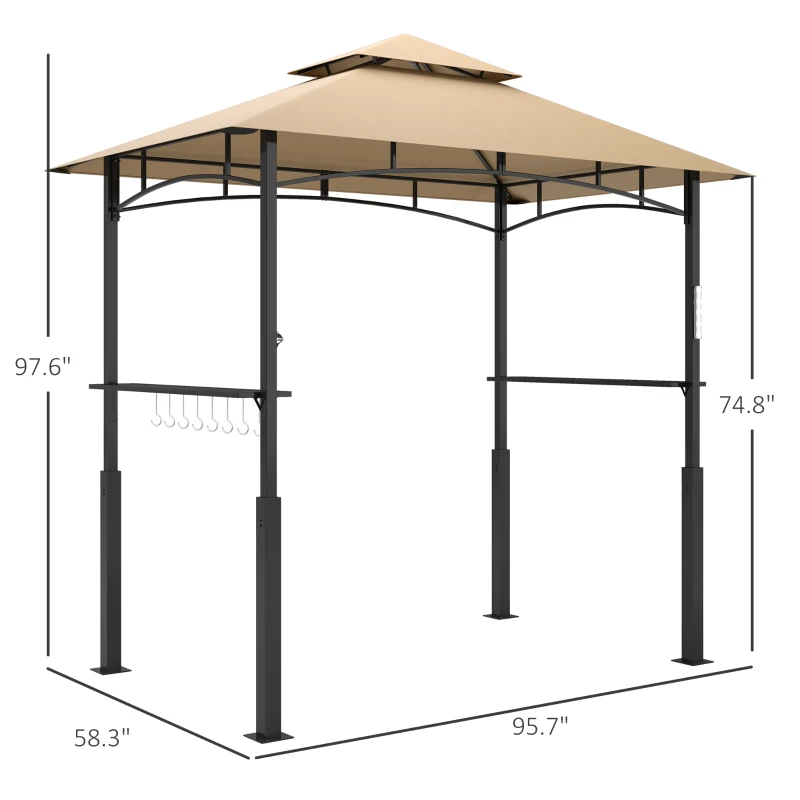 Outsunny 8' x 5' Outdoor Grill Gazebo, Barbecue Gazebo Shelter with LED Light, 2 Side Shelves, Hooks, Bottle Opener, Dark Brown