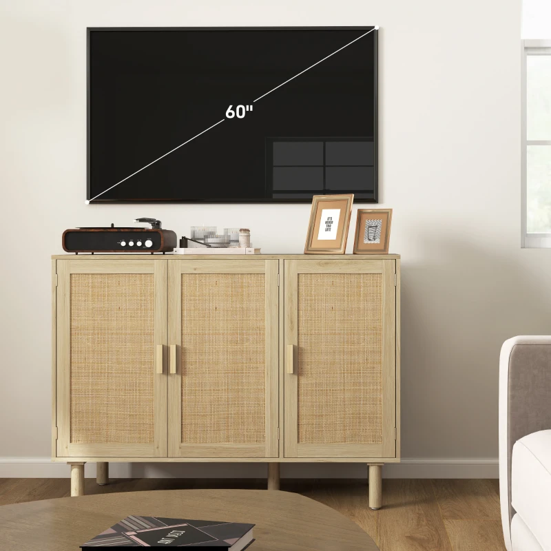 HOMCOM Bohemian Sideboard, 46.9" Buffet Cabinet with 3 Rattan Doors and Shelves for Living Room, Hallway, Natural