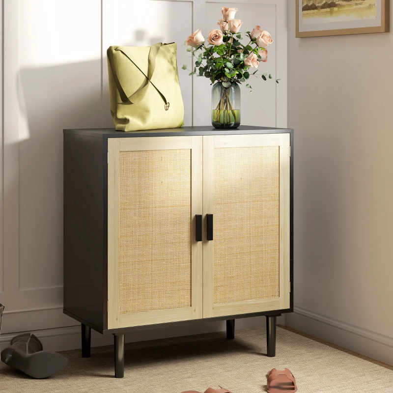 HOMCOM Bohemian Sideboard, 31.5" Buffet Cabinet with 2 Rattan Doors and Shelves for Living Room, Hallway, Black