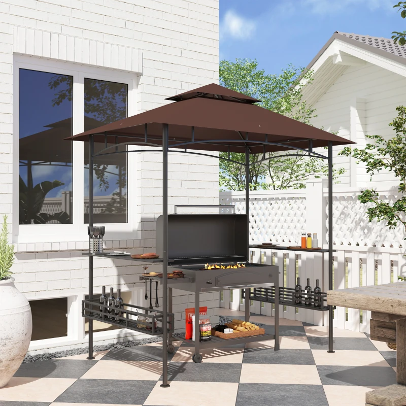 Outsunny 8' x 5' BBQ Grill Gazebo, 2-Tier Outdoor BBQ Gazebo with 2 Side Shelves, Storage Baskets, Ceiling Hook, Dark Brown