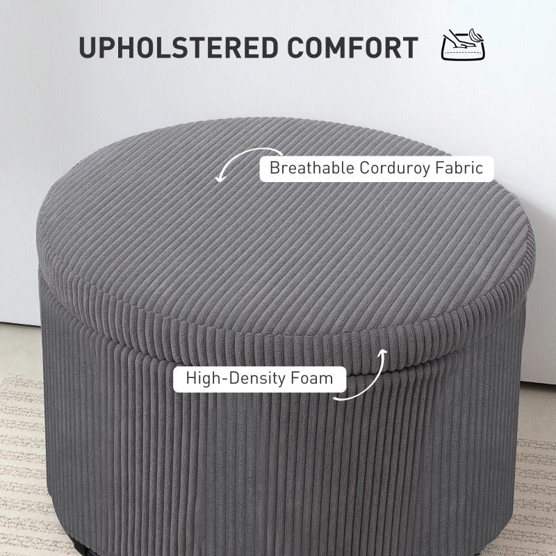 HOMCOM 24 Inches Round Storage Ottoman Stool with Lid, Upholstered Corduroy Foot Rest for Living Room, Bedroom, Gray