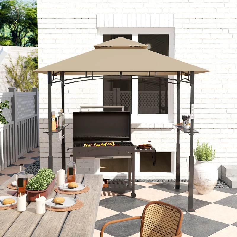 Outsunny 8' x 5' Outdoor Grill Gazebo, Barbecue Gazebo Shelter with LED Light, 2 Side Shelves, Hooks, Bottle Opener, Khaki