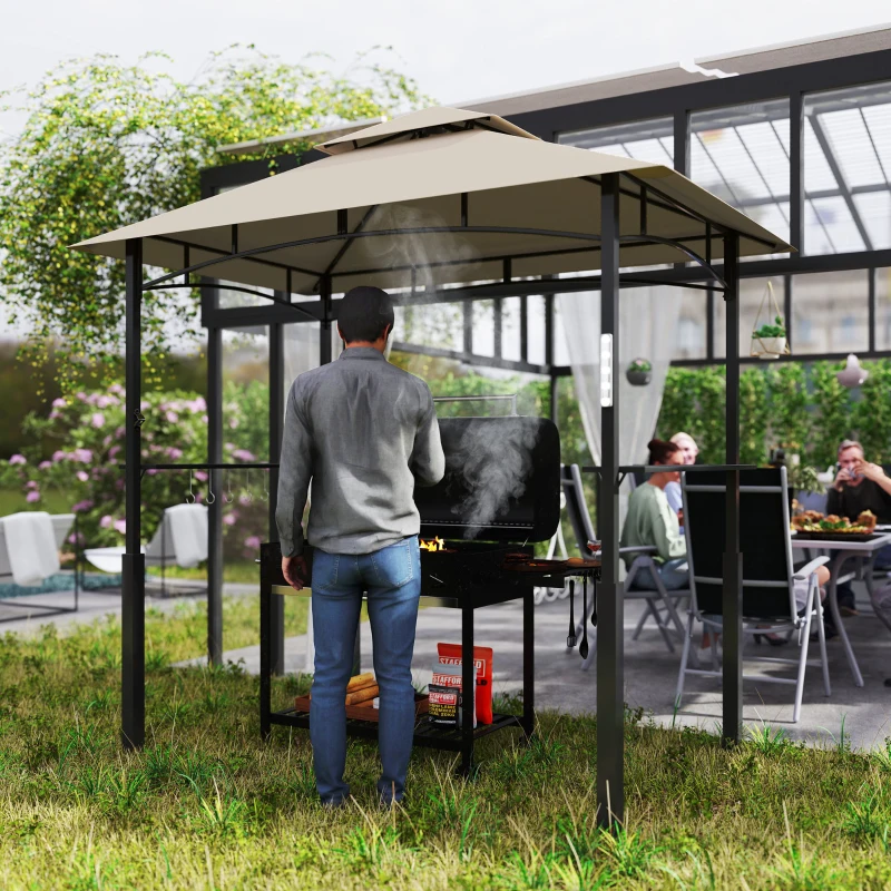 Outsunny 8' x 5' Outdoor Grill Gazebo, Barbecue Gazebo Shelter with LED Light, 2 Side Shelves, Hooks, Bottle Opener, Khaki