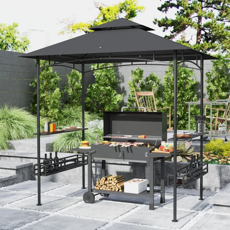 Outsunny 8' x 5' BBQ Grill Gazebo, 2-Tier Outdoor BBQ Gazebo with 2 Side Shelves, Storage Baskets, Ceiling Hook, Dark Gray