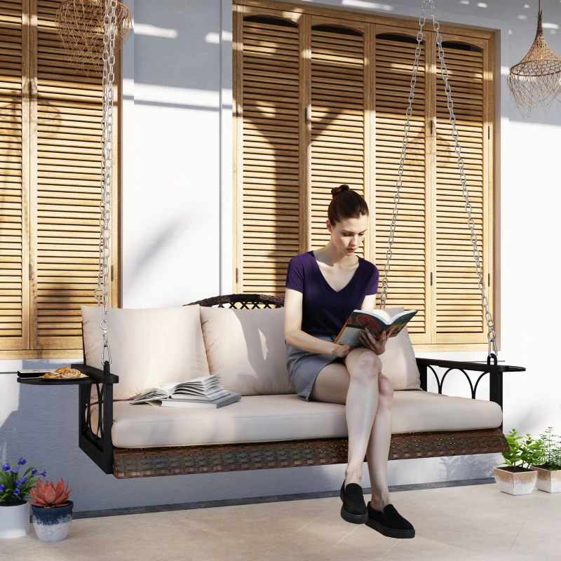 Outsunny 3 Person Wicker Hanging Outdoor Patio Porch Swing Bench with Cup Holders, Cushions, and Chains, Brown