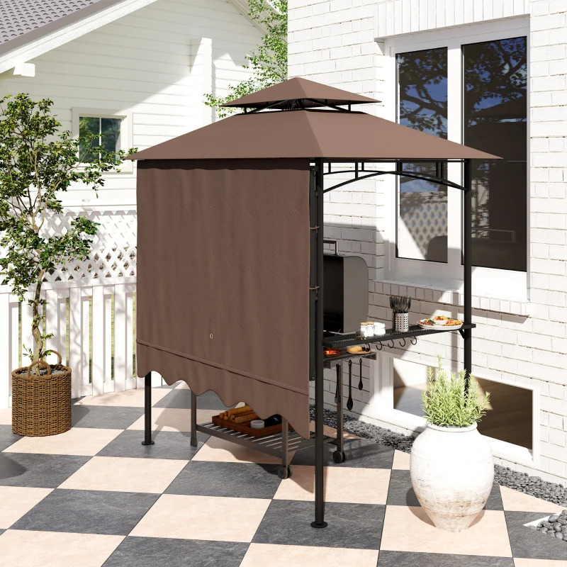 Outsunny 8' x 5' Outdoor Grill Gazebo, Barbecue Gazebo Shelter with Side Awning, 2 Side Shelves and 6 Hooks, Brown