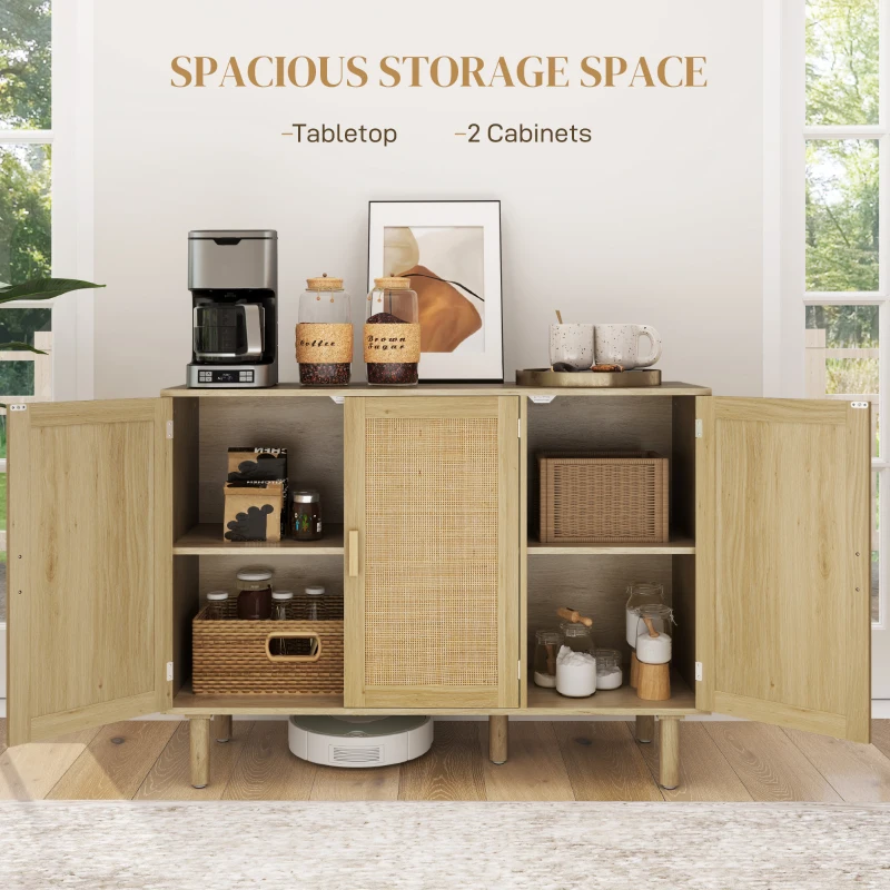 HOMCOM Bohemian Sideboard, 46.9" Buffet Cabinet with 3 Rattan Doors and Shelves for Living Room, Hallway, Natural