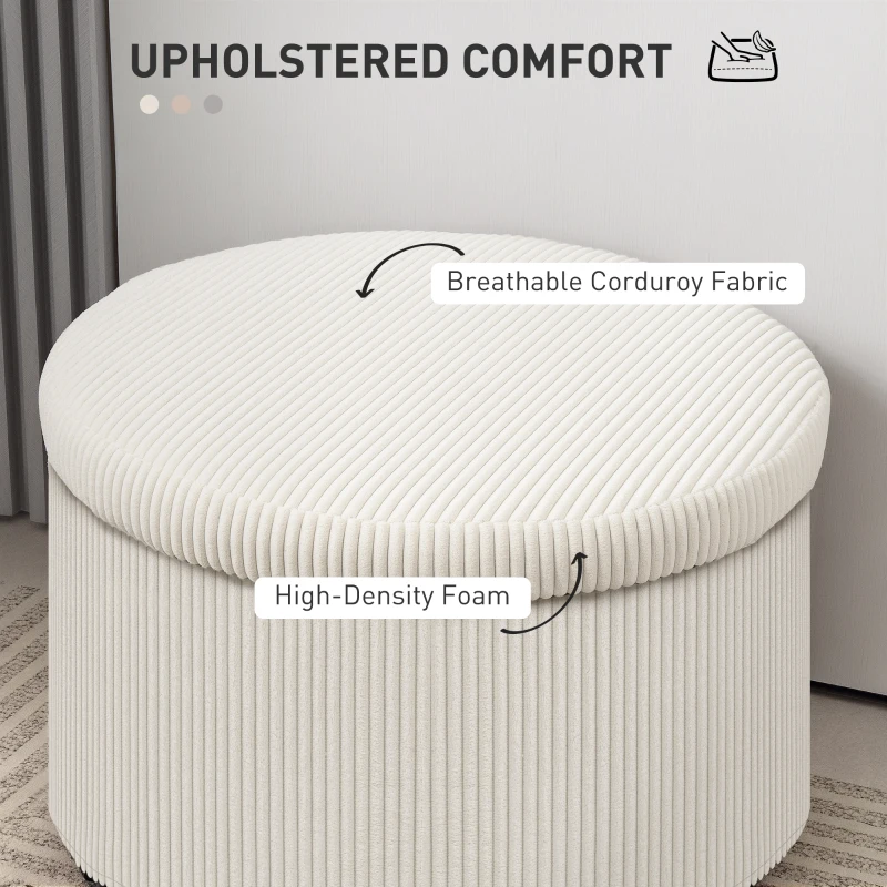 HOMCOM 24 Inches Round Storage Ottoman Stool with Lid, Upholstered Corduroy Foot Rest for Living Room, Bedroom, Beige