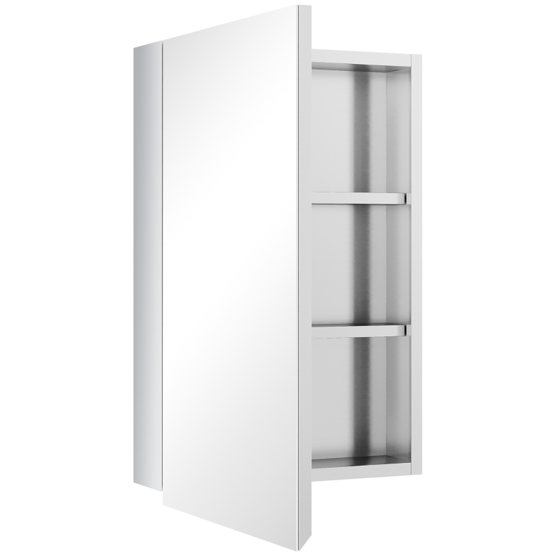 kleankin Wall Mounted Bathroom Medicine Cabinet Mirrored Cabinet with Hinged Door 3-Tier Storage Shelves Silver