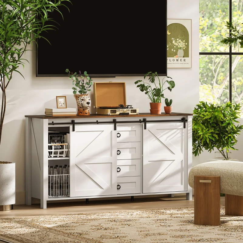 HOMCOM 60" Buffet Cabinet, Farmhouse Sideboard with Sliding Barn Doors, Drawers and Adjustable Shelves, Distressed Cream White