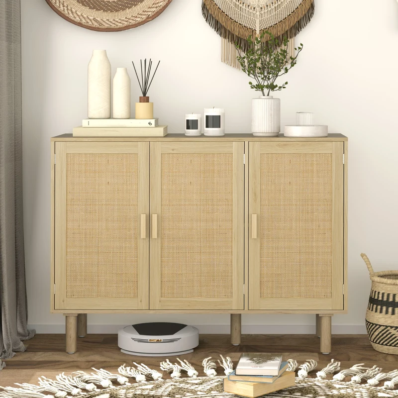 HOMCOM Bohemian Sideboard, 46.9" Buffet Cabinet with 3 Rattan Doors and Shelves for Living Room, Hallway, Natural