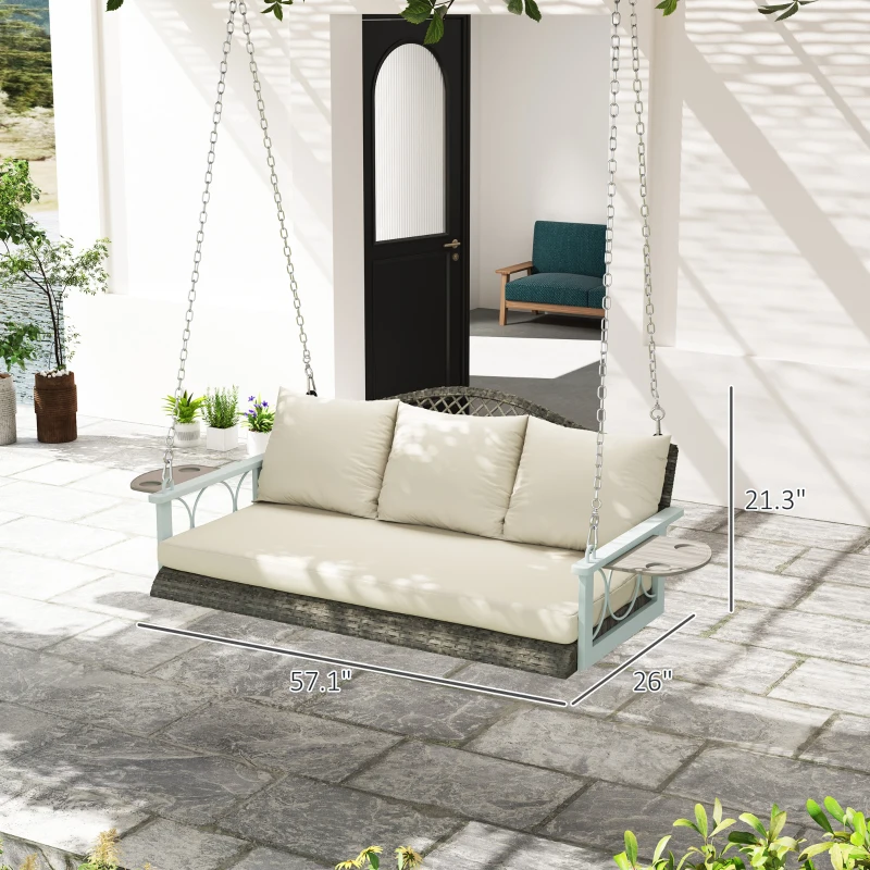 Outsunny 3 Person Wicker Hanging Outdoor Patio Porch Swing Bench with Cup Holders, Cushions, and Chains, Natural