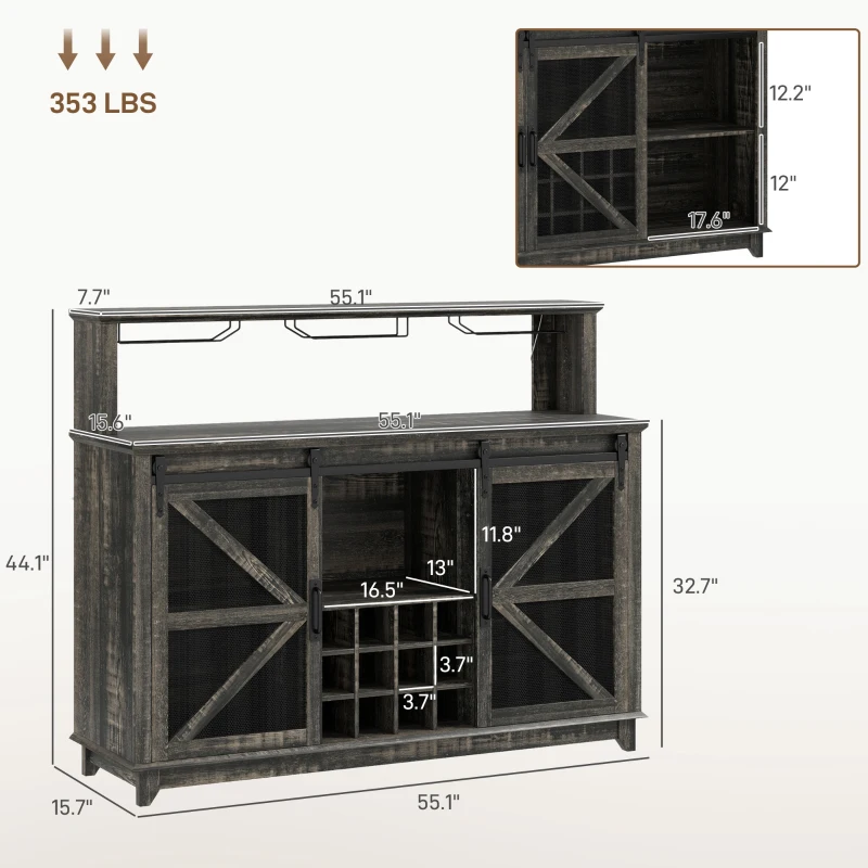 HOMCOM 55" Coffee Bar Cabinet with Lights, Farmhouse Wine Cabinet with Wine and Glass Racks for Kitchen, Dining Room, Brown