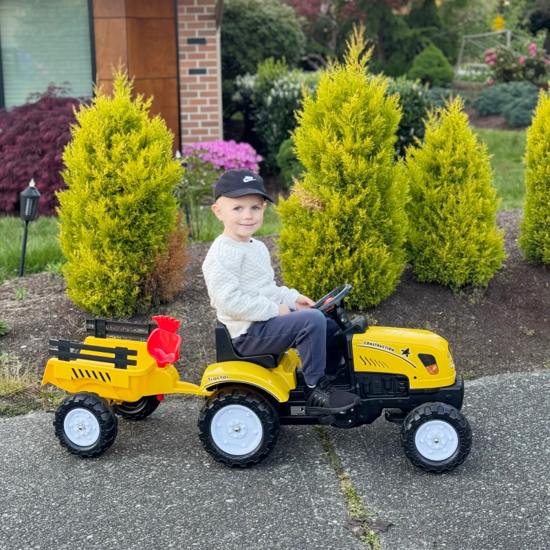 Aosom Kids Ride on Tractor with Back Trailer, Shovel & Rake, Horn, Pedal Go Kart for 3 Years Old, Yellow(m-8)
