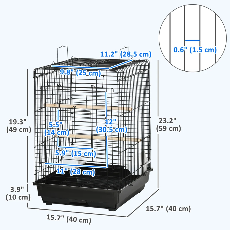 PawHut 23" Bird Cage Flight Parrot House Cockatiels Playpen with Open Play Top and Feeding Bowl Perch Pet Furniture Black