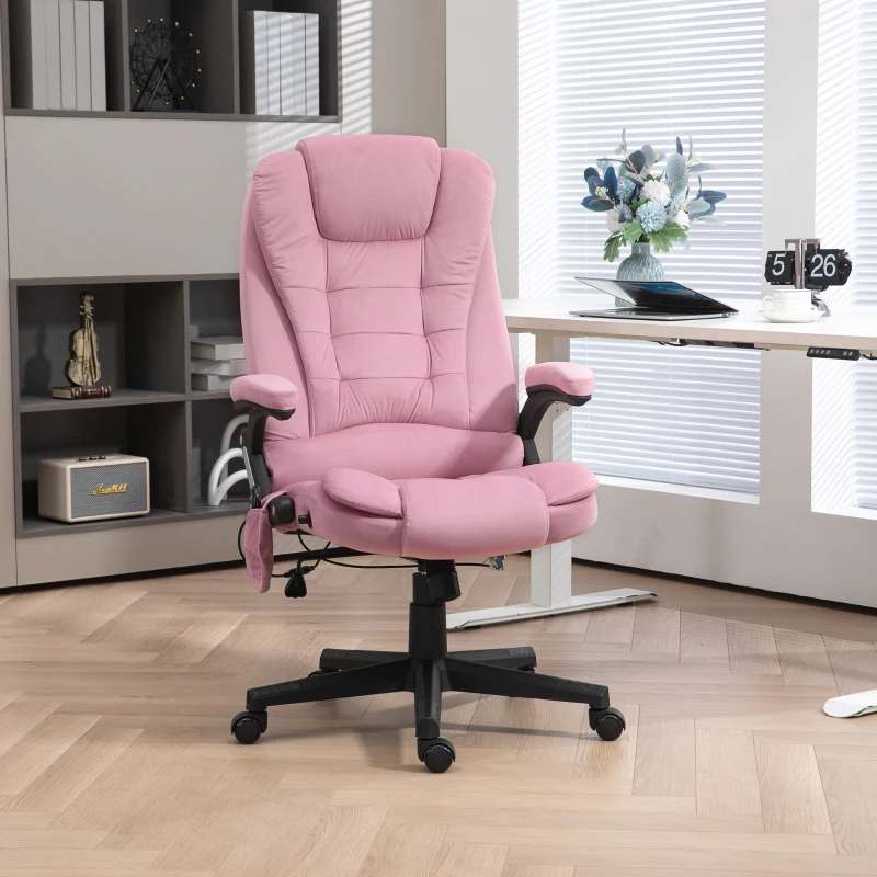 HOMCOM 6 Point Executive Office Chair with Heat, Velvet High Back Vibrating Massage Office Chair, Pink
