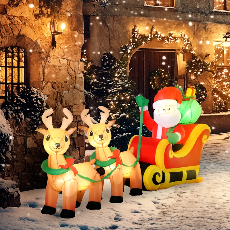 HOMCOM 8ft Christmas Inflatables Santa Claus with Sleigh and Reindeer, Outdoor Decoration with LED Lights Display