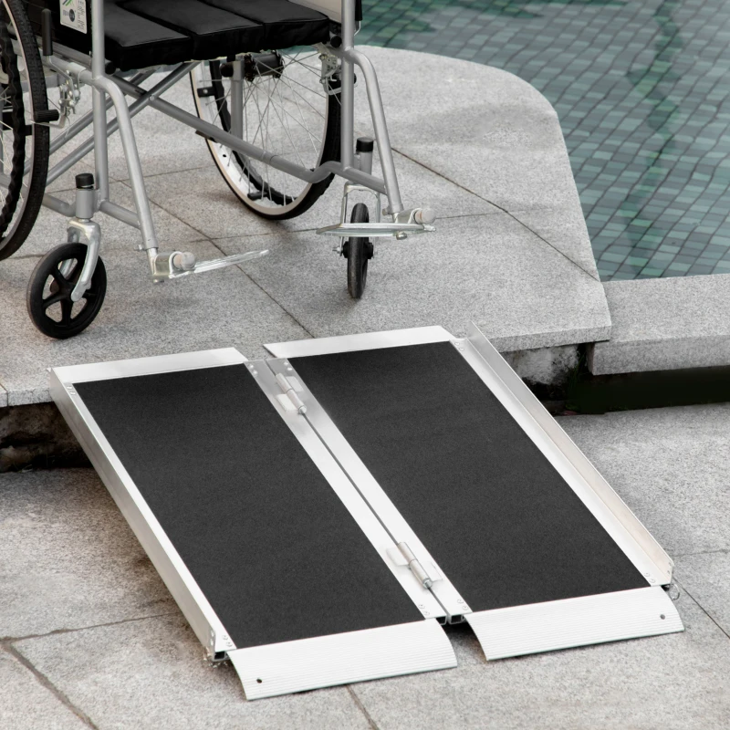 HOMCOM 3' Portable Wheelchair Ramp Aluminum Threshold with Carry Handle, Silver, Enhances Accessibility for Homes & Businesses