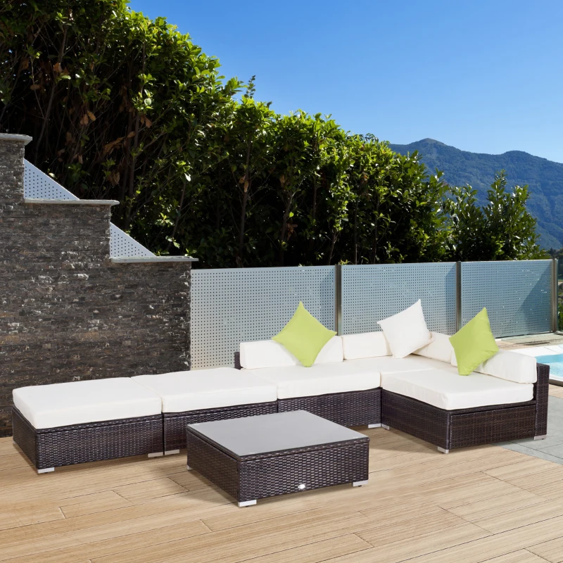 Outsunny 6 Pieces Patio Furniture Set, Deluxe Garden Wicker Sectional Sofa Set Outdoor Patio Sofa Furniture All Weather Resistant w/Cushion Seat for Porch Garden Poolside Balcony