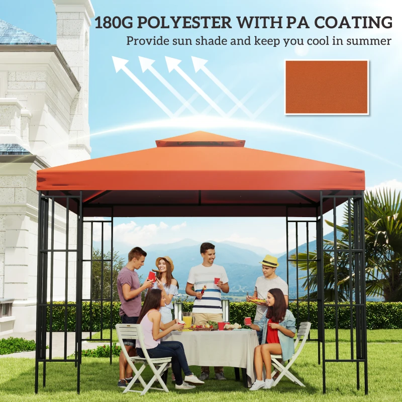 Outsunny 10' x 10' Square 2-Tier Gazebo Canopy Replacement Top Cover Outdoor Garden Sun Shade, Orange