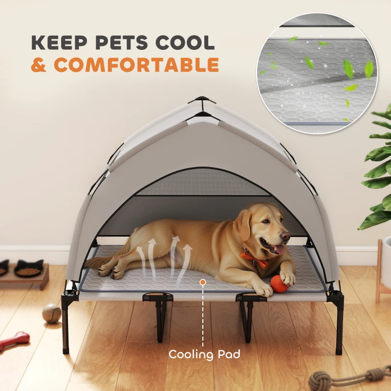 PawHut Elevated Dog Bed with Removable Canopy, Portable Outside Raised Pet Cot with Cooling Pad, Storage Bag, 42" x 30" x 37"