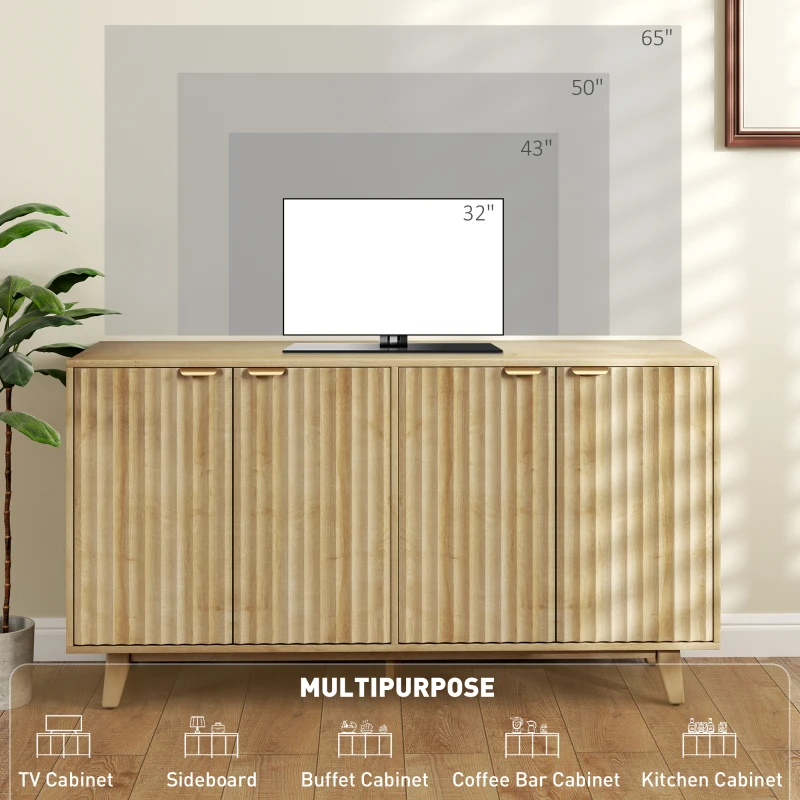 HOMCOM Fluted Sideboard Buffet Cabinet, 55" Coffee Bar Cabinet with 4 Doors, 2 Adjustable Shelves, 5 Wood Legs, Oak