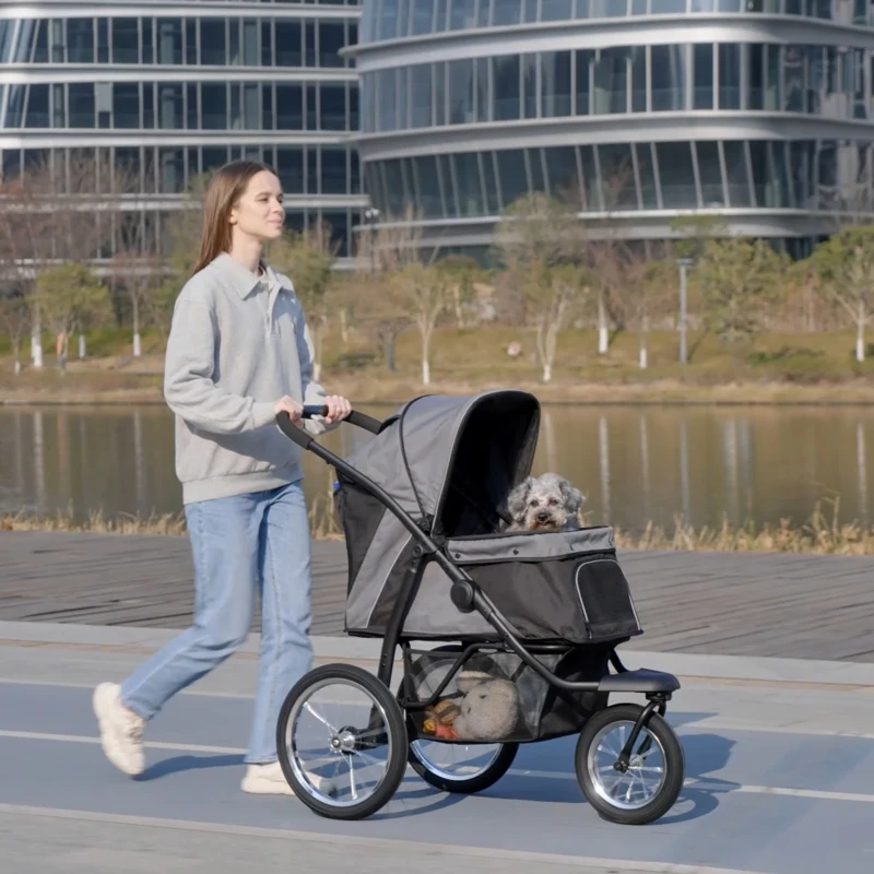 PawHut Pet Stroller for Small Dogs and Medium Dogs with Adjustable Canopy, Safety Tether, Storage Basket, Gray