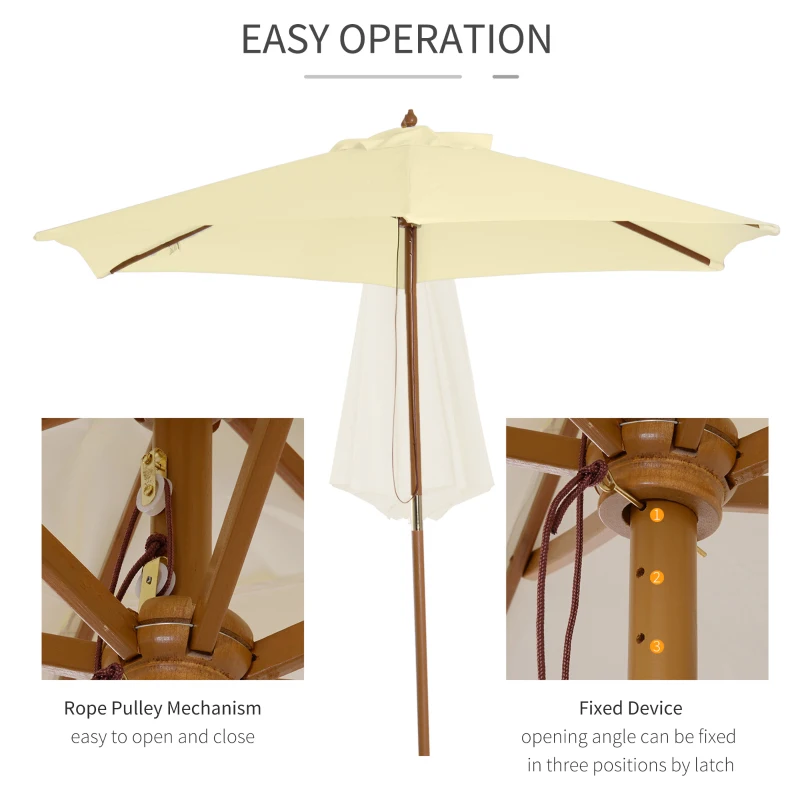 Outsunny 8FT Wood Market Umbrella Patio Umbrella Round Garden Parasol Canopy with Bamboo Ribs and Top Vent, Cream White