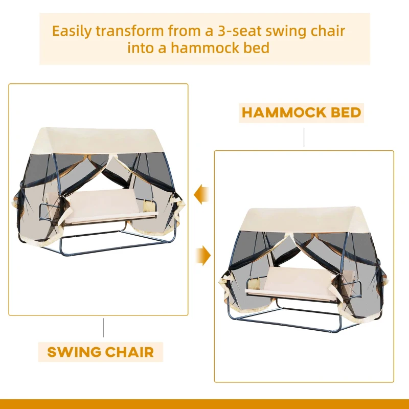 Outsunny 3-Seat Outdoor Swing Chair, Porch Swing, Chaise Lounger Bed, Garden Hammock, Converting Flat Bed with Heavy-Duty Steel Stand, Canopy and Netting Walls, Beige