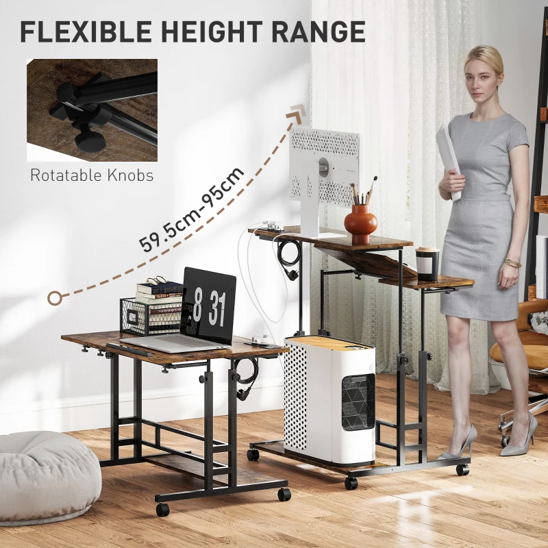 HOMCOM Adjustable Standing Desk with Power Outlets, Stand Up Desk with Tiltable Tabletop, Wheels, Shelf, for Home Office, Brown