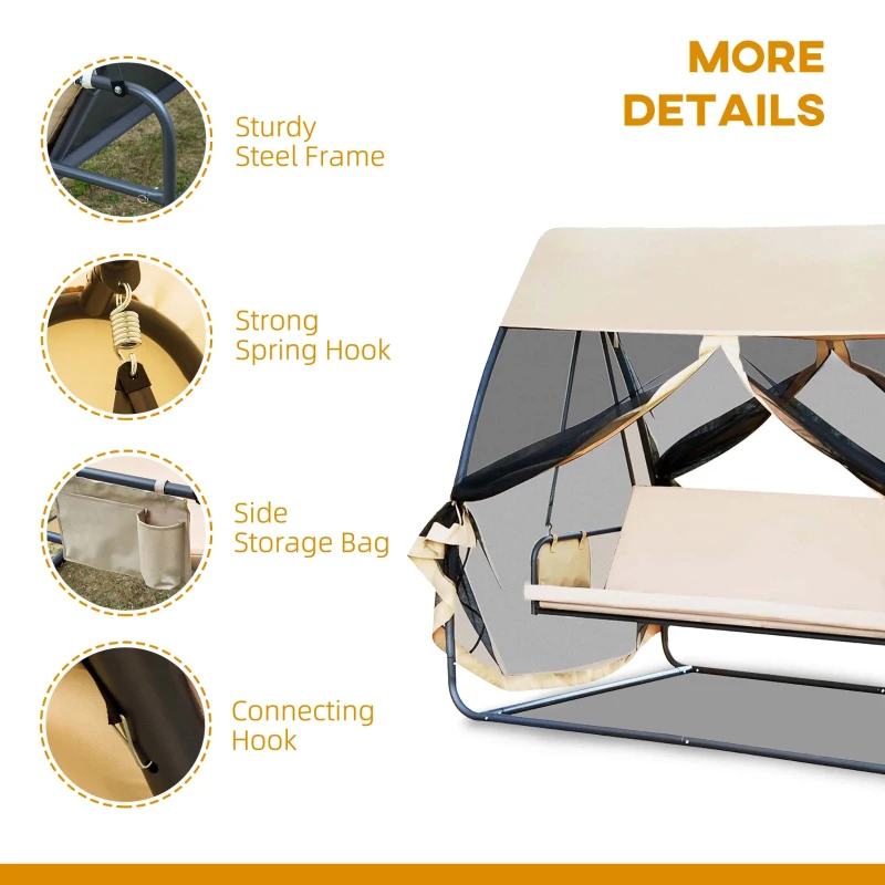 Outsunny 3-Seat Outdoor Swing Chair, Porch Swing, Chaise Lounger Bed, Garden Hammock, Converting Flat Bed with Heavy-Duty Steel Stand, Canopy and Netting Walls, Beige