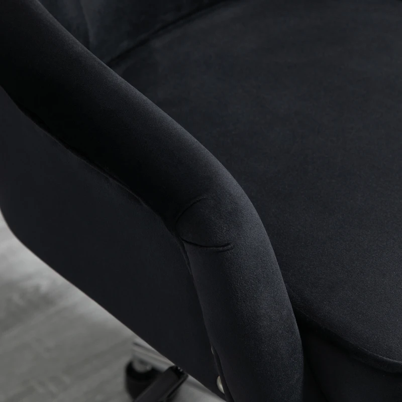 HOMCOM Modern Mid-back Desk Chair with Button Tufted Velvet Back, Nailhead Trim, Swivel Home Office Chair with Adjustable Height, Curved Padded Armrests, Black