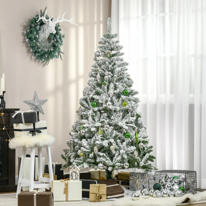 HOMCOM 6' Tall Unlit Snow Flocked Pine Artificial Christmas Tree with Realistic Branches, Green
