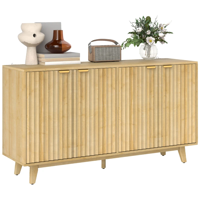 HOMCOM Fluted Sideboard Buffet Cabinet, 55" Coffee Bar Cabinet with 4 Doors, 2 Adjustable Shelves, 5 Wood Legs, Oak