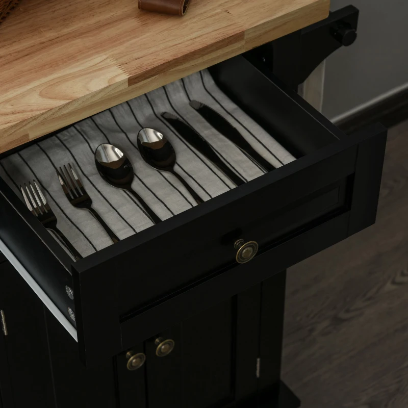 HOMCOM Rolling Kitchen Island with Rubber Wood Top and Storage, Spice Rack, Towel Rack, Black