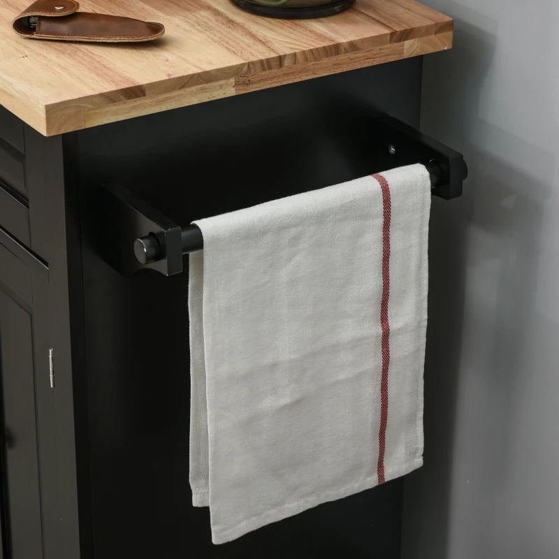 HOMCOM Rolling Kitchen Island with Rubber Wood Top and Storage, Spice Rack, Towel Rack, Black
