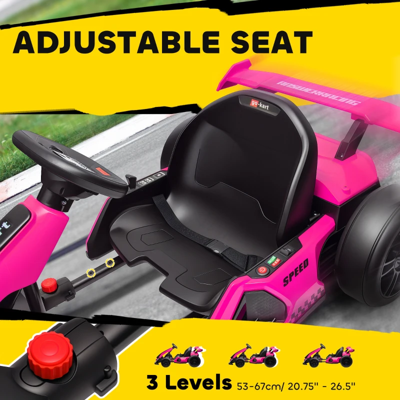 Aosom 24V Electric Go Kart, Battery Powered Kids Drift Kart with Adjustable Seat, Seat Belt, Horn, Music, Light, Pink