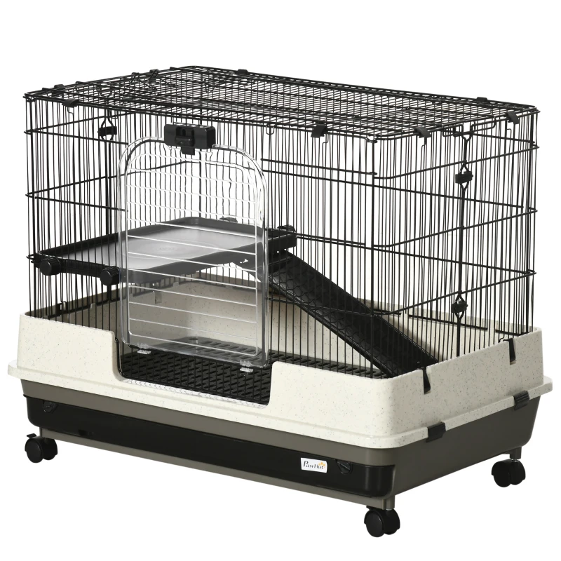 PawHut 2-tier Compact Platform Rolling Small Animal Rabbit Cage for Hamsters, Chinchillas & Gerbils with a Large Living Space