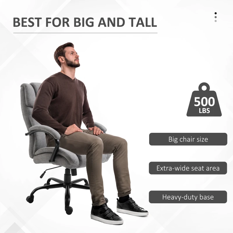 Vinsetto 500lbs Big and Tall Office Chair with Wide Seat, Ergonomic Executive Computer Chair with Adjustable Height, Swivel Wheels and Linen Finish, Light Gray