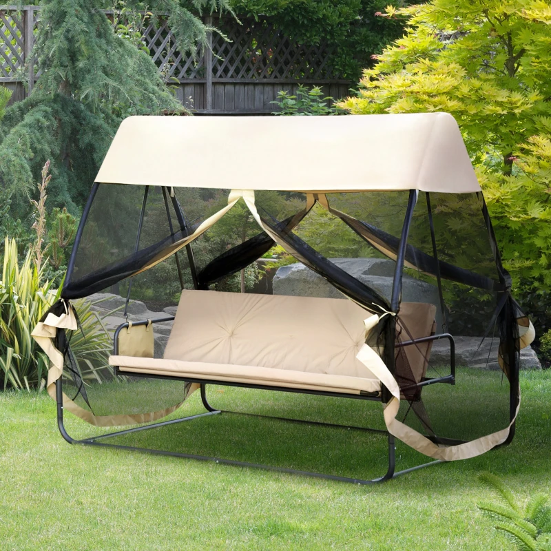 Outsunny 3-Seat Outdoor Swing Chair, Porch Swing, Chaise Lounger Bed, Garden Hammock, Converting Flat Bed with Heavy-Duty Steel Stand, Canopy and Netting Walls, Beige