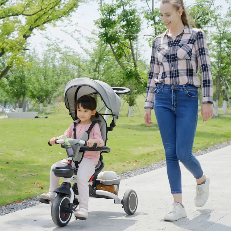 Aosom 6-in-1 Toddler Tricycle for 12-50 Months, Foldable Kids Trike with Adjustable Seat and Push Handle, Safety Harness, Removable Canopy, Footrest, Grey
