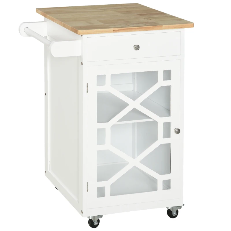 HOMCOM Kitchen Cart on Wheels, Rolling Kitchen Island with Drawer, Glass Door, Towel Rack and Adjustable Shelf, White