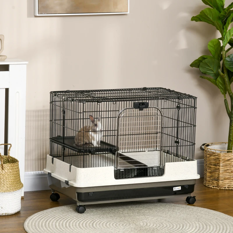 PawHut 2-tier Compact Platform Rolling Small Animal Rabbit Cage for Hamsters, Chinchillas & Gerbils with a Large Living Space