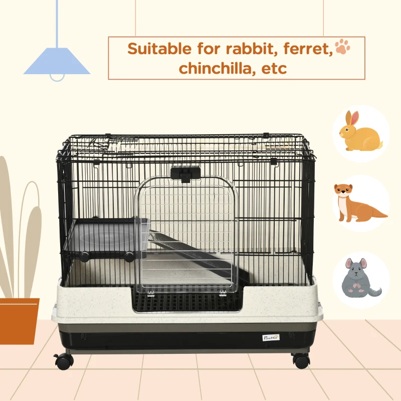 PawHut 2-tier Compact Platform Rolling Small Animal Rabbit Cage for Hamsters, Chinchillas & Gerbils with a Large Living Space